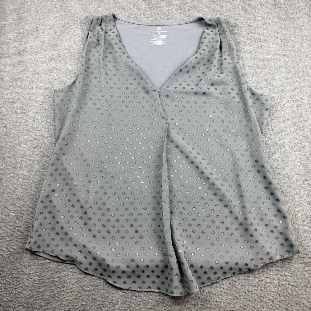 New York & Company Gray Metallic Polka Dot V-Neck Sleeveless‎ Blouse Large